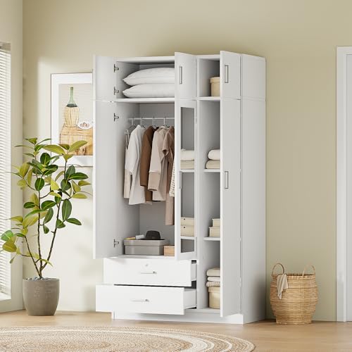 Wardrobe Closet, Wardrobe Closet with Doors, 1 Drawer and Top Cabinet, Modern and Simple Design, Lockable Drawer, Spacious Storage Space, for Bedroom (White,3-Door)