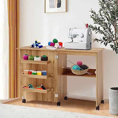 COSTWAY Folding Sewing Table, Multipurpose Craft Station Desk, Display Cabinet with Shelves Storage, Lockable Wheels, Rolling Sewing Machine Desk for Home Apartment, Natural