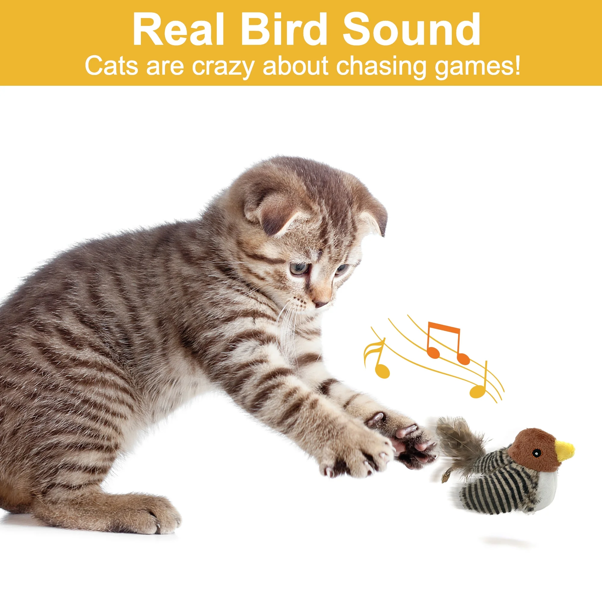 Furrygo Interactive Electronic Cat Toy, Chirping Bird Sounds, Feather Tail, Indoor Cat Prey Simulation