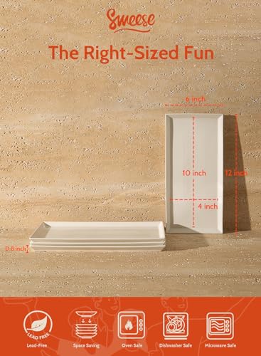 Sweese 12 Inch White Serving Platters, Porcelain Rectangular Plates, White Serving Trays for Parties - Stackable, Set of 4