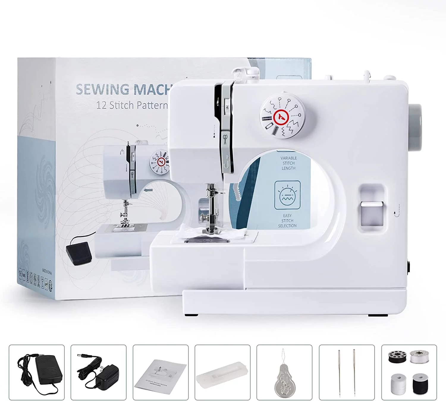 Portable Sewing Machine Household Kids Sewing Machine with 12 Built-In Stitches, Foot Pedal