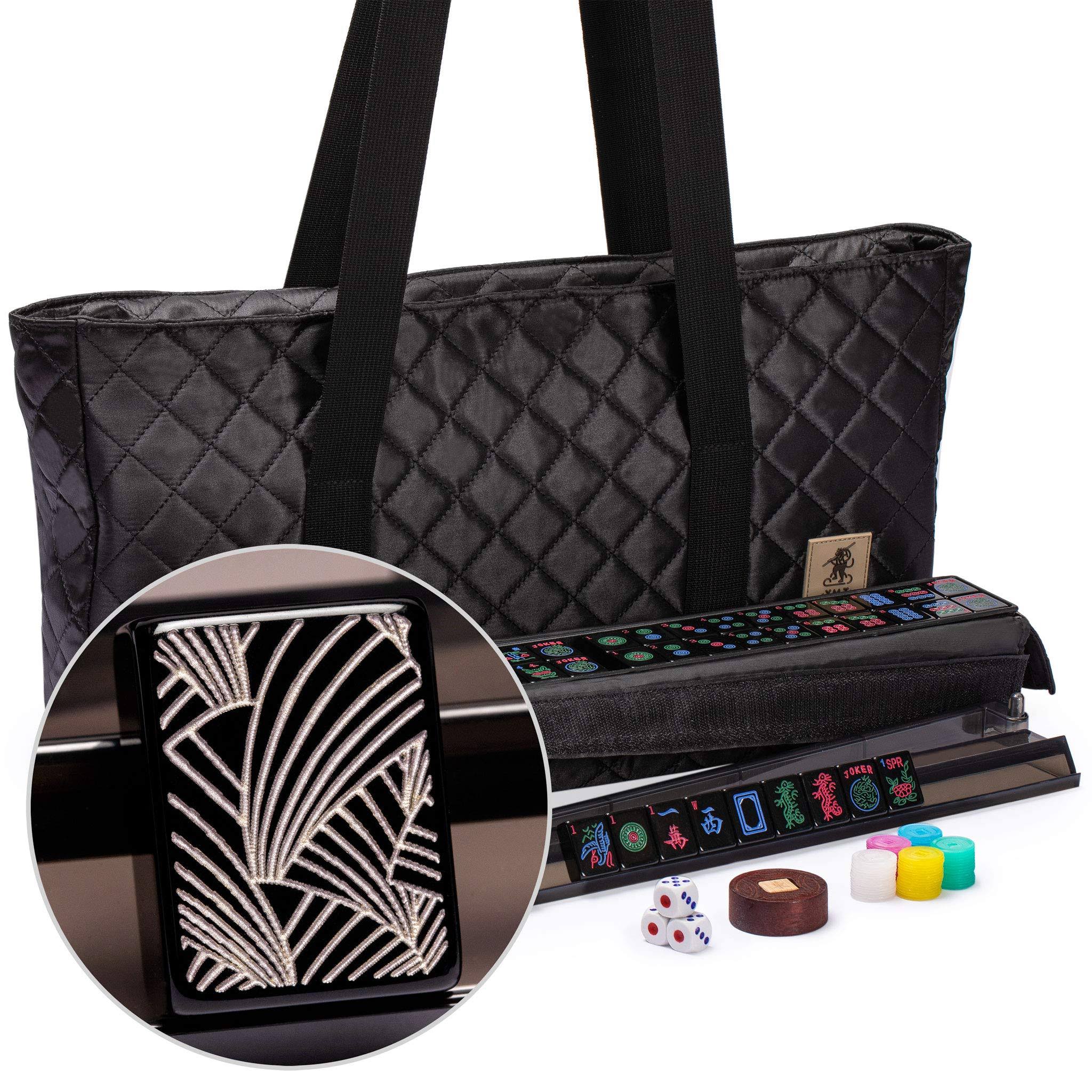 Yellow Mountain Imports American Mahjong Set, Deco with Black Soft Case - All-in-One Racks with Pushers, Dice, Wind Indicator u0