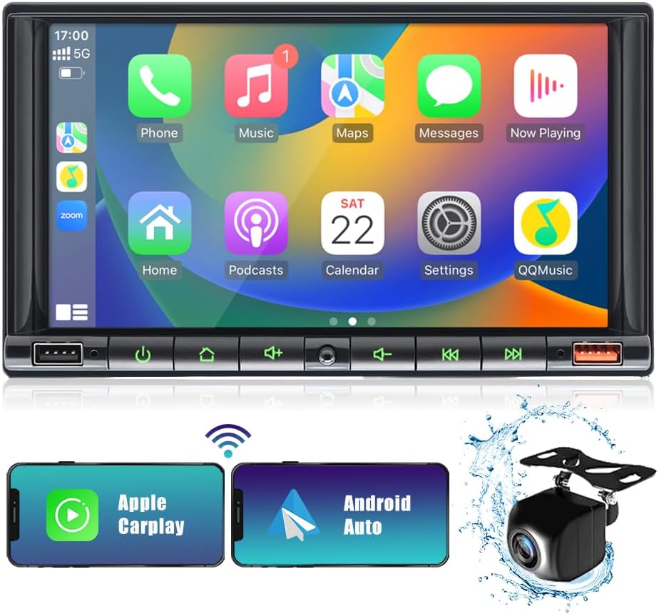 2024 Newest 7 Inch Double Din Car Stereo for Wireless Carplay&Android Auto with Voice Control,Car Radio with HD Touch Screen Bluetooth5.2, AM/FM/Mirror Link/Backup Camera/SWC/AUX/MIC/DSP