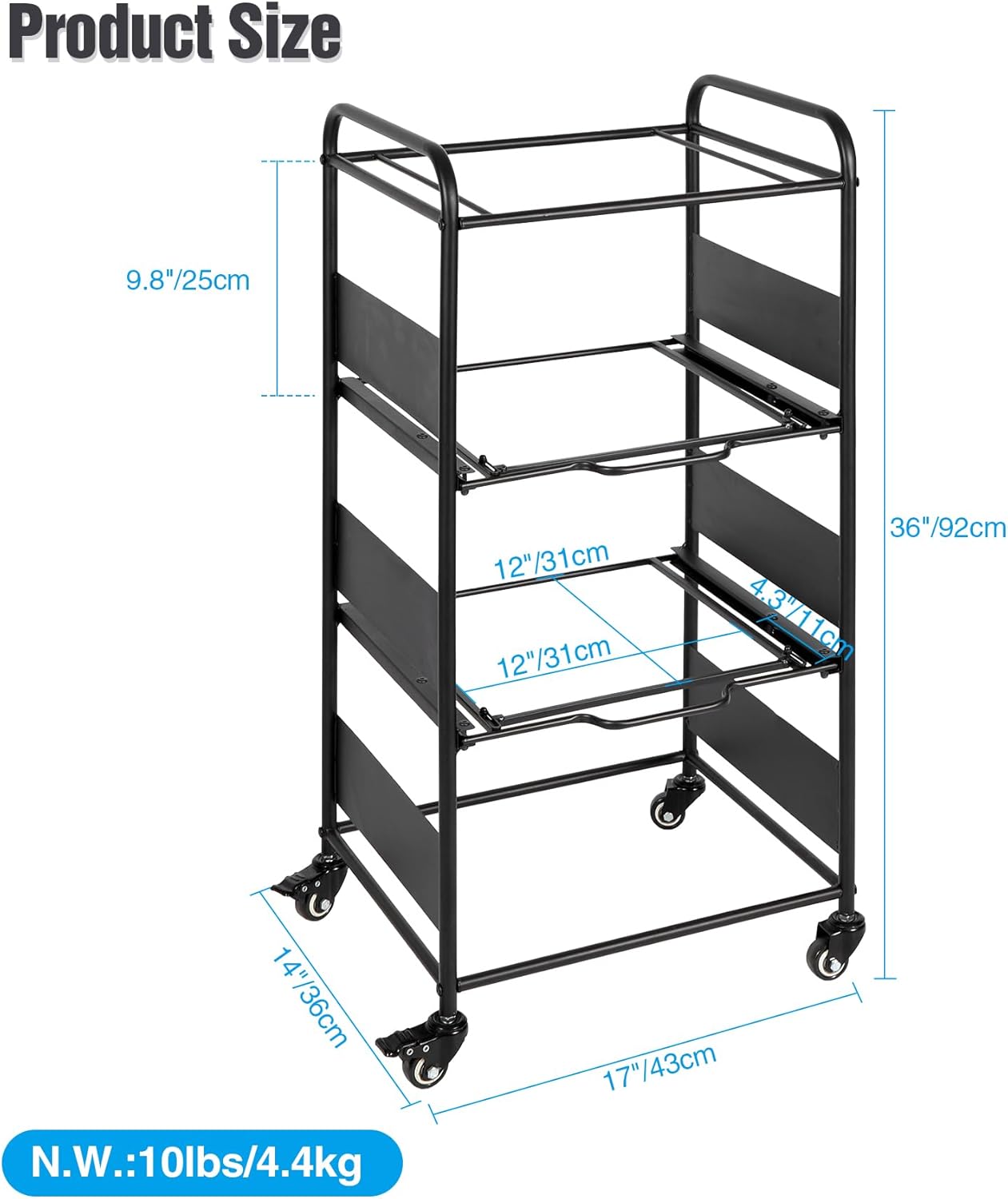 3-Tier Metal Rolling File Cart with Wheels, hanging file folder rack for Letter & Legal Size with Pull-Out Drawer File Organizer Cabinet for Home Office, Black