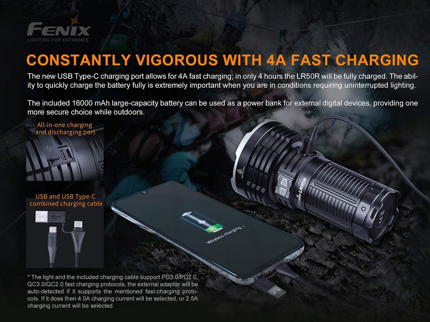Fenix LR50R 12000 Lumen Rechargeable Flashlight, Super Bright High Lumen with LumenTac Battery Case