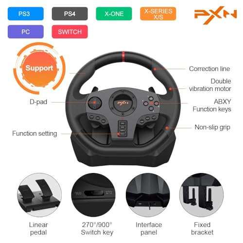 PXN V900 Gaming Steering Wheel - 270/900° Sim Xbox Racing Wheel with Pedals Paddle Shifter - for Xbox One,Series S|X, PC, PS4, Switch, Android TV