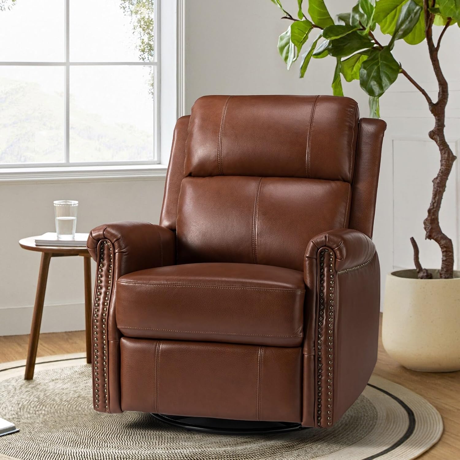 HULALA HOME Renato Traditional Genuine Leather Nailhead Power Swivel Recliner with Metal Base by BROWN