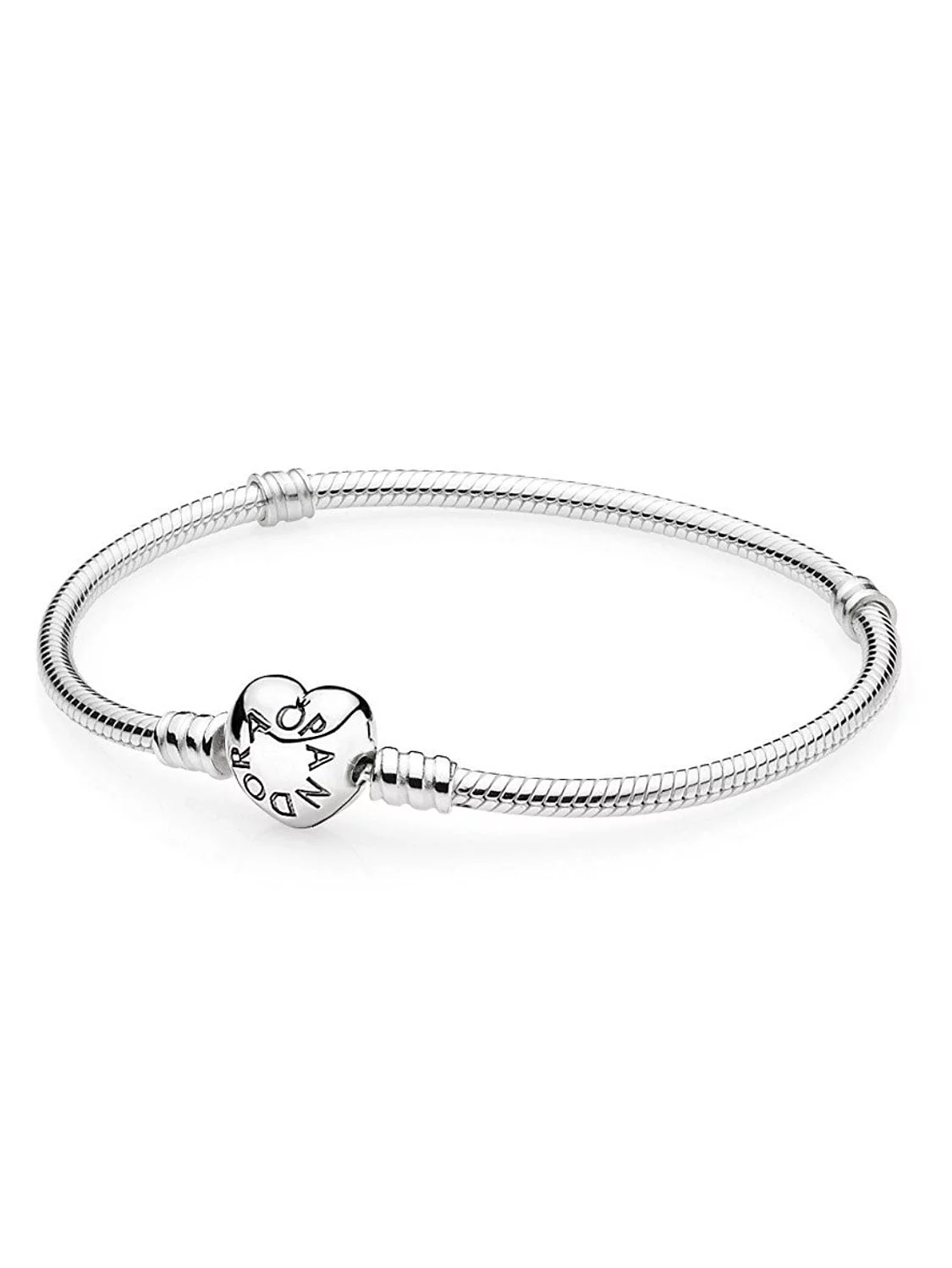 Pandora Moments Women's Sterling Silver Snake Chain Charm Bangle Bracelet with Heart Clasp
