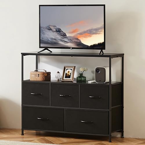 Dresser TV Stand Entertainment Center with Fabric Drawers Media Console Table with Open Shelves for TV up to 45 inch Storage Drawer Organizer Unit for Bedroom, Living Room, Entryway (Black)
