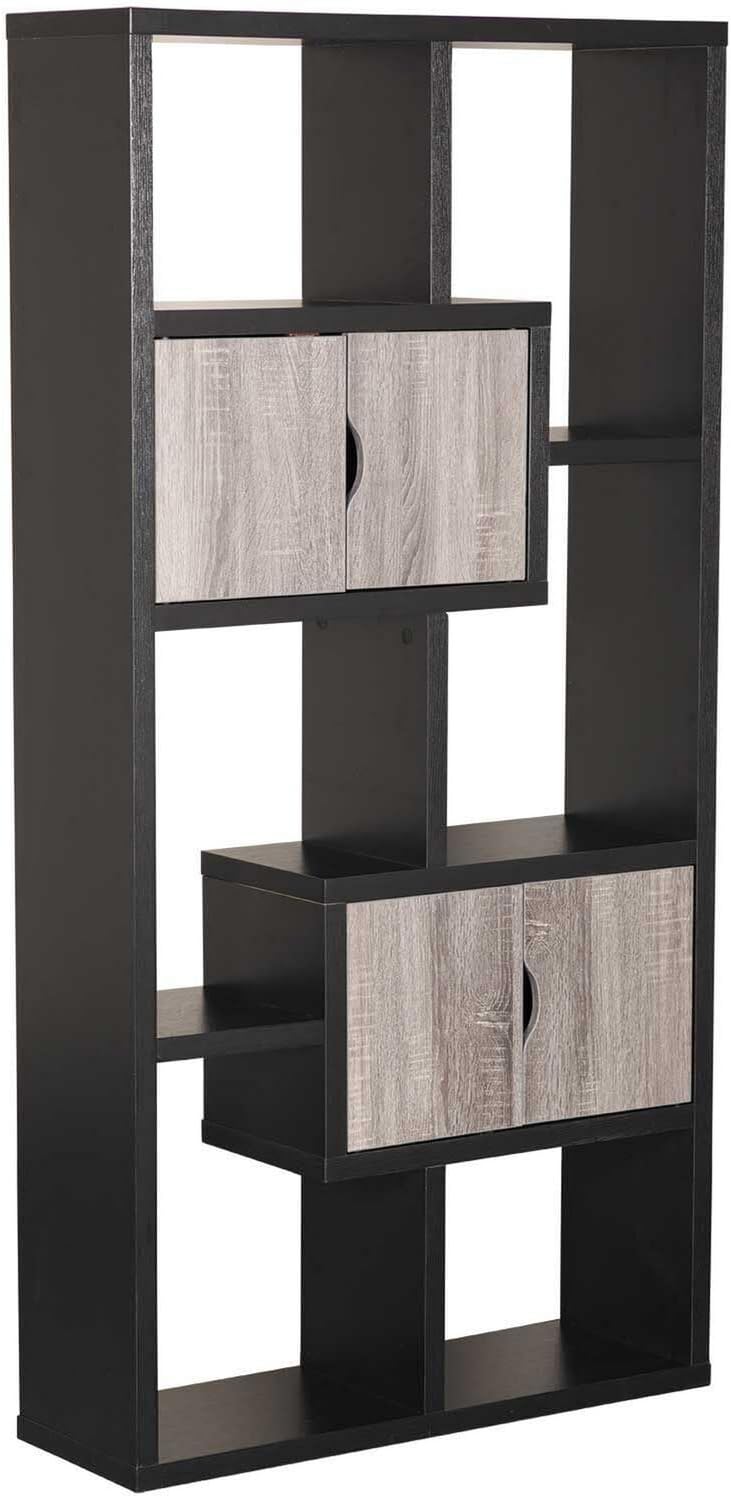 Benjara Wooden Bookcase with 4 Doors and 6 Shelves, Black and Gray
