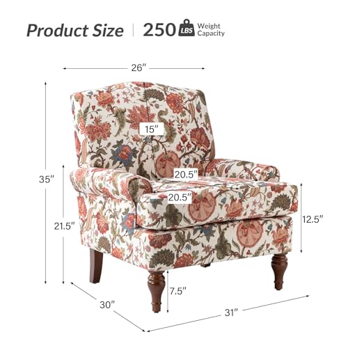 HULALA HOME Modern Upholstered Accent Chair With Retro Wood Legs,Comfy Spring Floral Club Chair with Removable Cushion Patterned Armchair for Living Room Bedroom Reading Room Leisure Single Sofa Chair