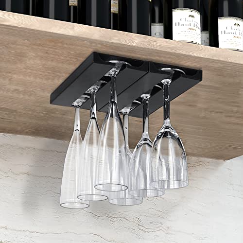 Plastic Wine Glass Rack, No Drilling Wine Glasses Holder Under Shelf & Cabinet, Hanging Stemware Rack Organizer Hanger for Bar Cabinet Kitchen, 4 Pack, Black, 4 Coasters Included