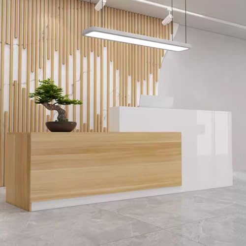 Reception Counter Desk Modern Retail Counter L-shaped Reception Desk with Counter and Lockable Drawer Modern Office Receptionist Desk for Spa, Shop, Office(Wood Grain-Right,160x60x100cm)