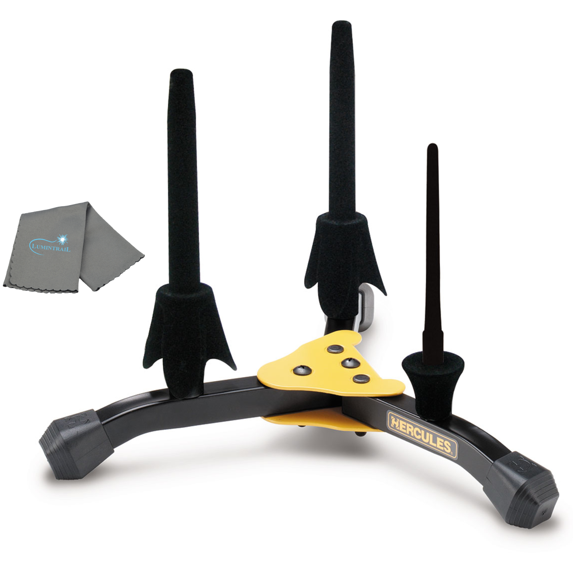 Hercules Flute/Clarinet Stand and Piccolo Stand with Carrying Bag, DS543BB, Folding Flute Stand with Two Clarinet/Flute Pegs & One Piccolo Peg, with a Cleaning Cloth