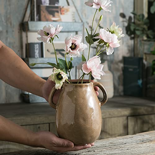 Brown Ceramic Vase with Big Handles, Modern Farmhouse Vase for Home Decor, Rustic Pottery Vase, Decorative Terracotta Vase for Flowers, Vintage Centerpieces for Dining Table