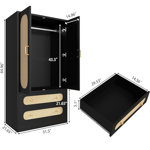 2 Door Wood Wardrobe Bedroom Closet, Rattan Wardrobe Cabinet with 2 Drawers & Hanging Rail, Freestanding Large Capacity Storage for Dormitory, Apartment, (Black)