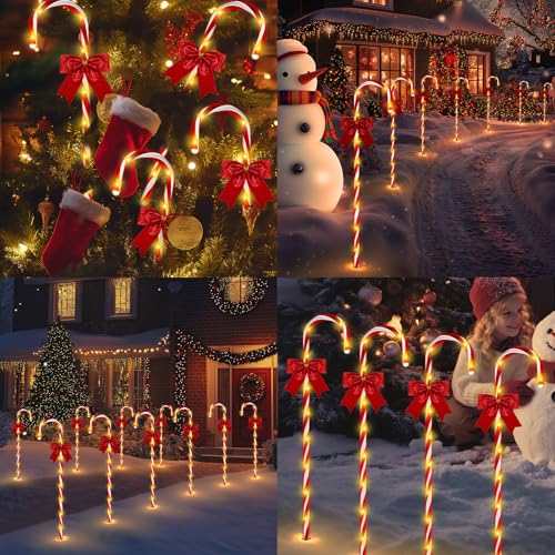 Christmas Solar Candy Cane Pathway Lights, 24PCS 240LED Christmas Light Outdoor Decorations with Red Bow Waterproof, 8 Modes Timer Remote Walkway Garden Lights for Xmas Home Yard Lawn Patio Decor