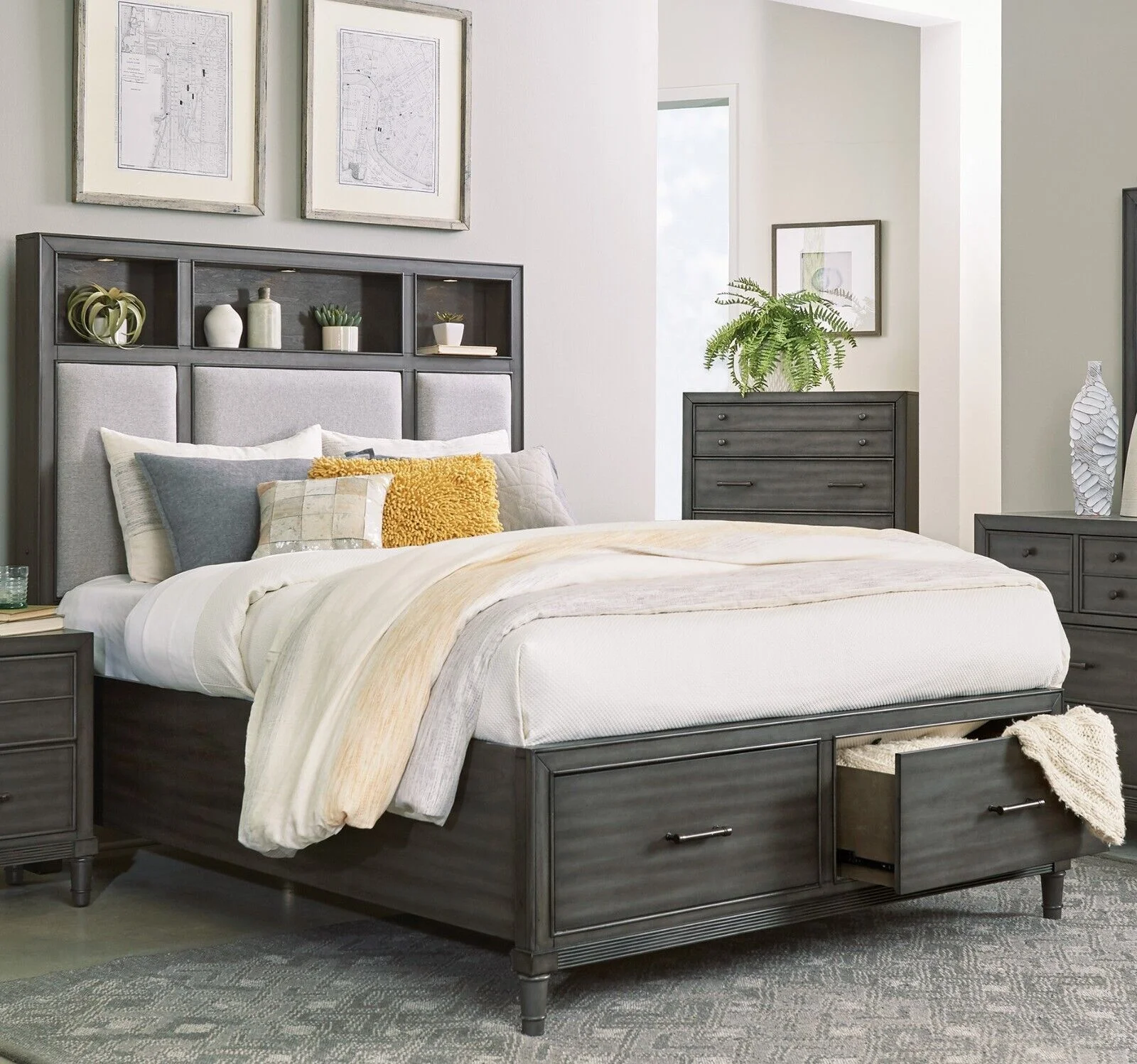 Transitional Style Platform Bed Queen Size w Footboard Storage USB Port Bookshelves LED Light Headboard Modern Furniture