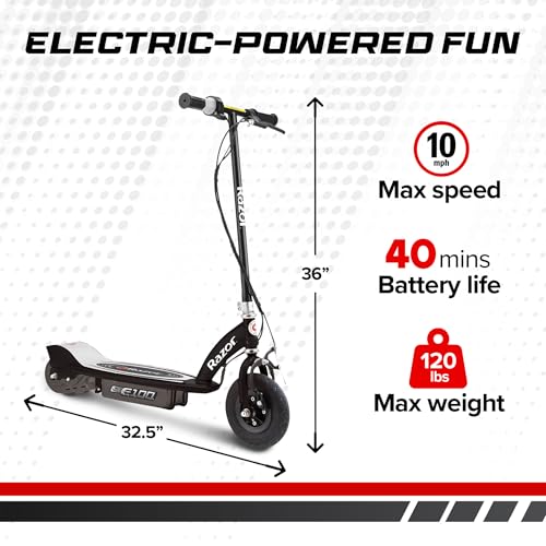 Razor E100 24 Volt Motorized Electric Kick Scooter with 8 Inch Pneumatic Tires and Rechargeable Battery for Kids Aged 8 and Up, Black