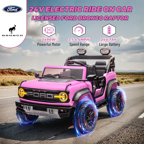 ENYOPRO 2 Seater Ride On Car for Kids, 24v Licensed Ford Bronco Raptor Electric Power Ride On Truck Toy with Remote Control, 4 Wheels Shock Absorption, Soft Start, Bluetooth, Radio, 3 Speed - Blue