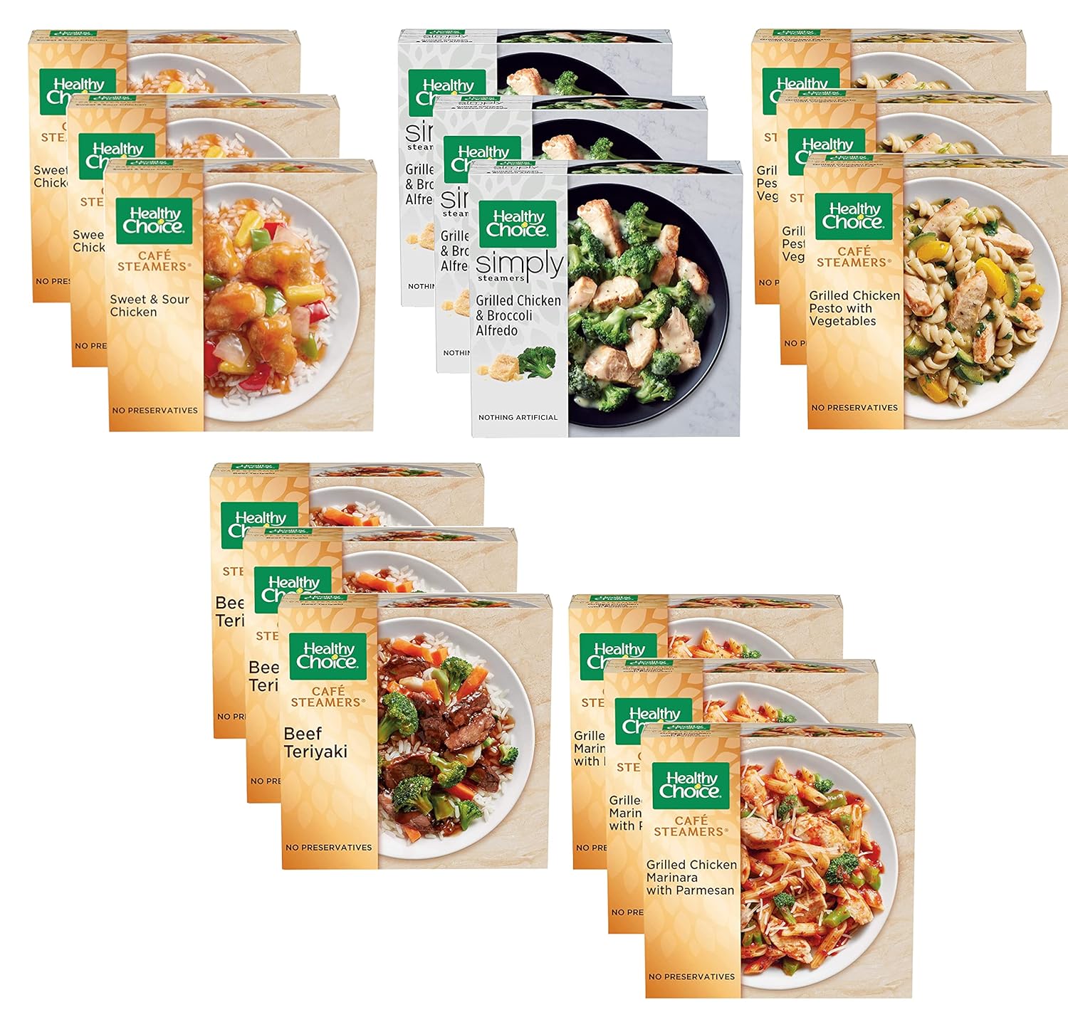 Healthy Choice Combo Pack - Beef Teriyaki - Grilled Chicken & Broccoli Alfredo - Grilled Chicken Marinara - Grilled Chicken Pesto - Sweet and Sour Chicken - 3 Boxes of Each, 15 Total
