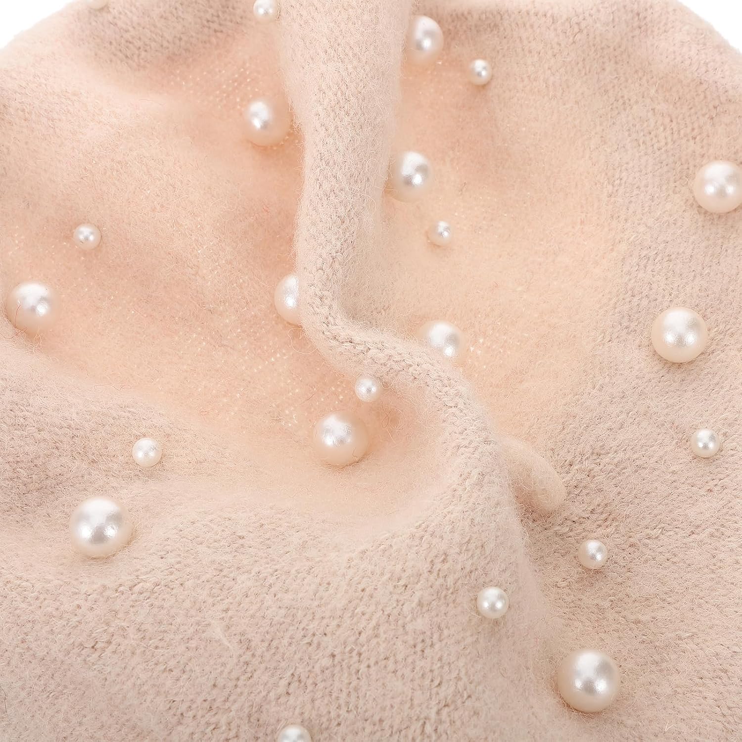 Beret Pearl Autumn Winter Cashmere Beret Starry Beaded Pearl Rivet Wool Beret (Beige)