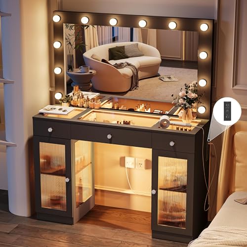 Vanity Desk with Large Mirror and Lights, Glass Top Makeup Vanity with Lights & Power Outlet for Bedroom, 3 Color Lighting Modes, White Dressing Table for Women, Girls