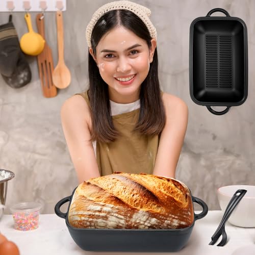 Maxdot Cast Iron Bread Loaf Pan with Lid 5.7 QT Dutch Oven for Sourdough Bread Baking Non-stick Loaf Pans with Dual Handles, Lid Lever for Homemade Baking,cooking and Roasting, Dishwasher Safe, Black