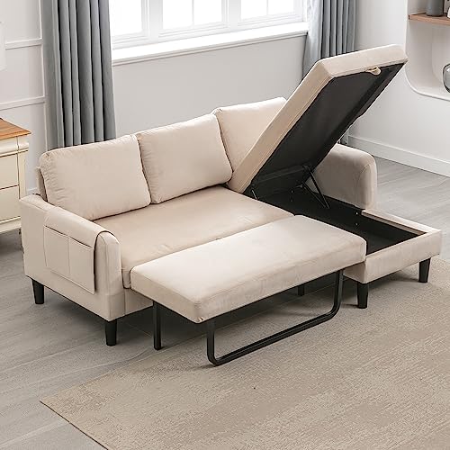 P PURLOVE 3 Seats Sleeper Sectional Sofa with Pull Out Bed,Upholstered L Shape Sofa,Sectional Corner Sofa Couch with Storage Chaise Lounge and Pocket,for Living Room,Small Space