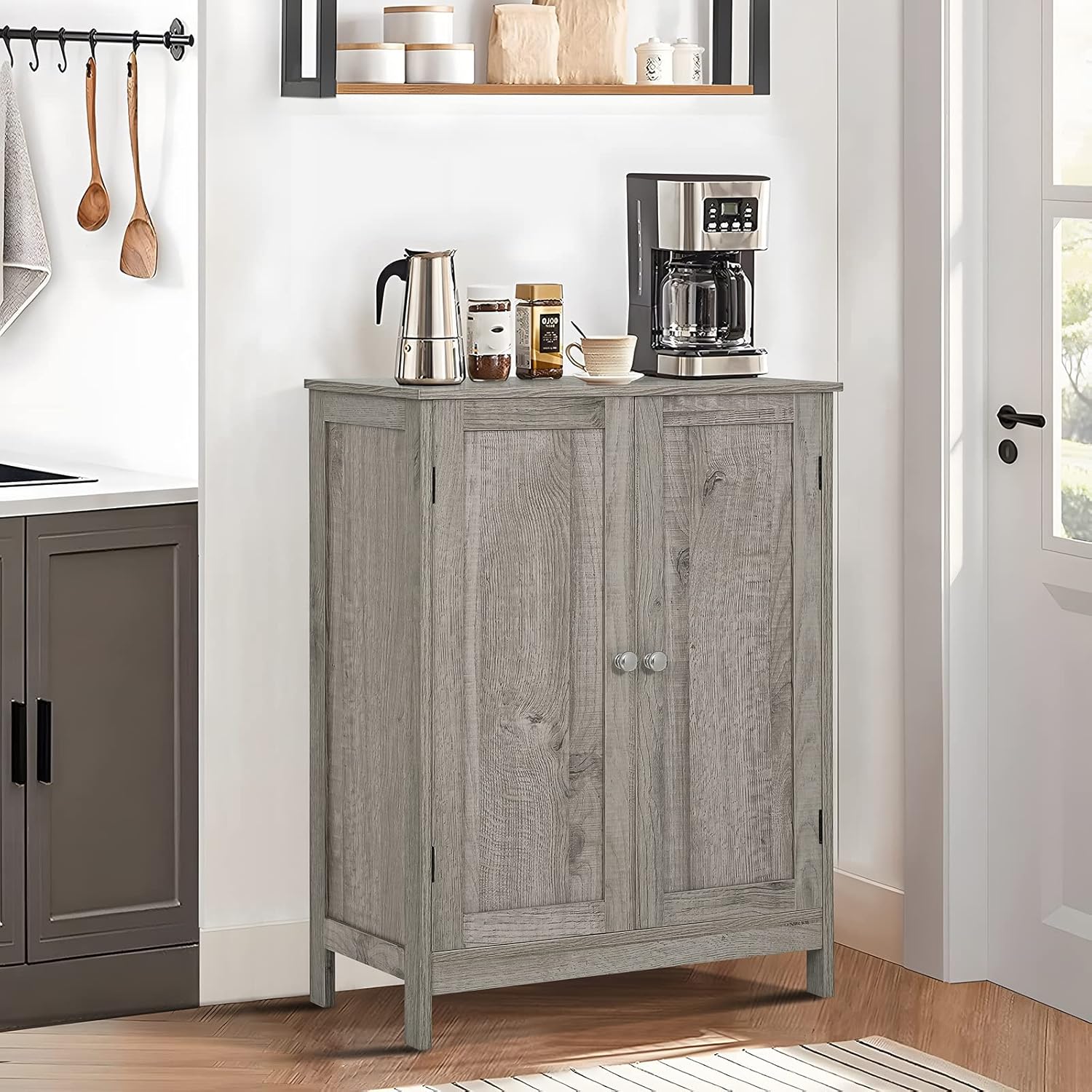 Iwell Storage Cabinet, Bathroom Cabinet with 4 Doors & Adjustable Shelf, Cupboard, Bathroom Floor Cabinet for Living Room, Entryway, Home Office, Grey