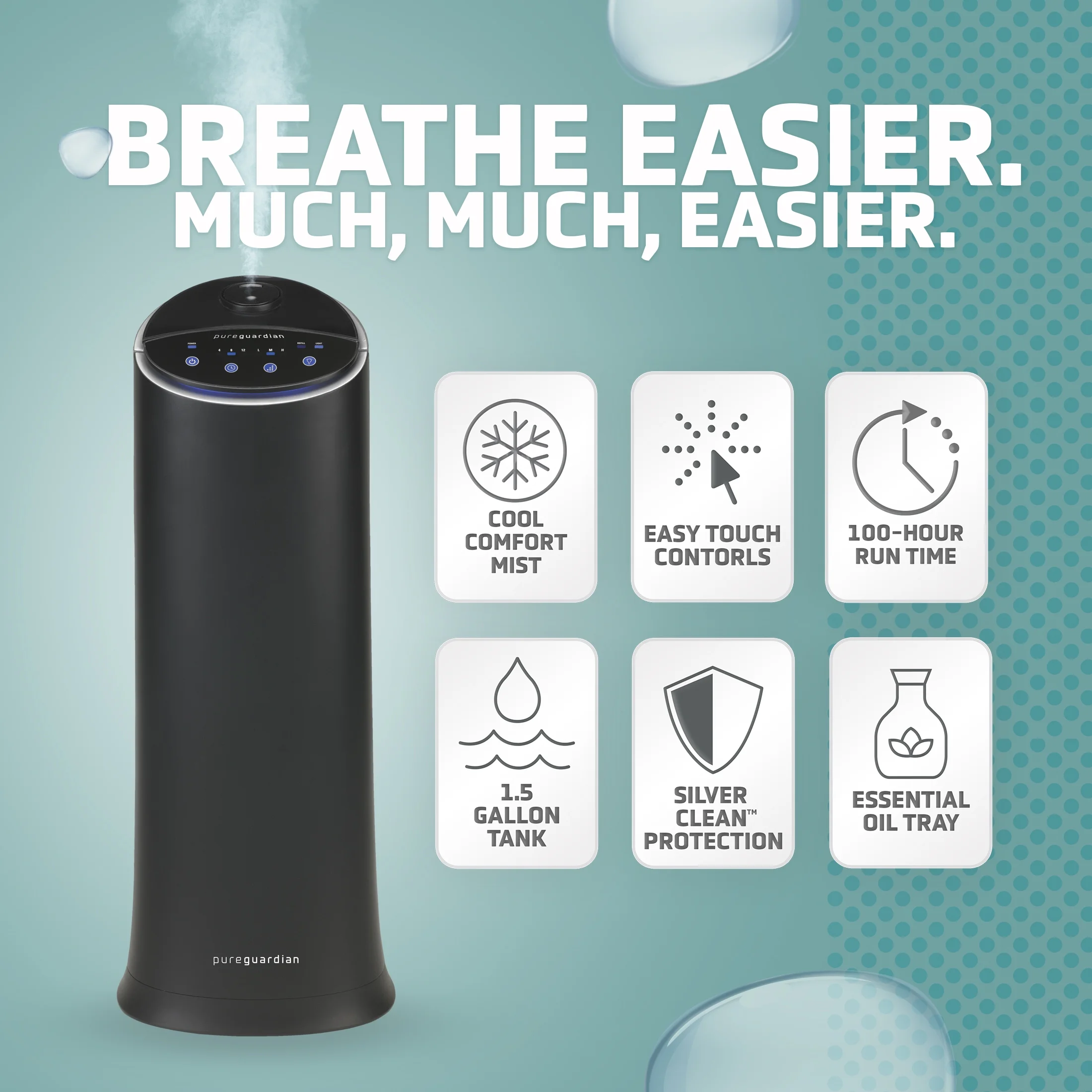 PureGuardian 100-Hour 1.5 Gallon Ultrasonic Cool Mist Tower Humidifier, H3200BAR, Black