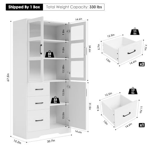 HIFIT 2 Pack Tall Bookshelves and Bookcases with Glass Display Cabinet Doors and 3 Drawers, Floor Standing Wood Storage Cabinet with Shelves, Modern Cabinet for Home Office, Living Room, Study, Black