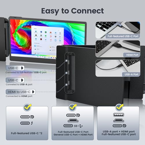 Teamgee Laptop Screen Extender, 12” Portable Monitor for Laptop FHD 1080P Glare-Free IPS Dual Screen, Works with Mac Windows Android Chrome Linux, Fits 13”~16.5” Laptops, Built-in Speakers & HDR