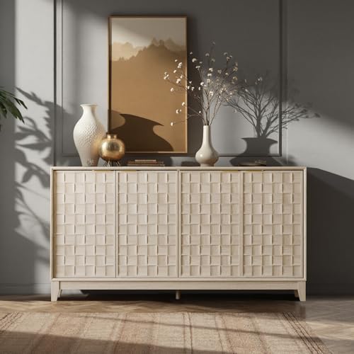COLAMY Fluted Sideboard Cabinet with Storage – Solid Wood Buffet for Dining Room, Credenza Console with Adjustable Shelves, Walnut Finish, Mid Century Modern Style,Oak White