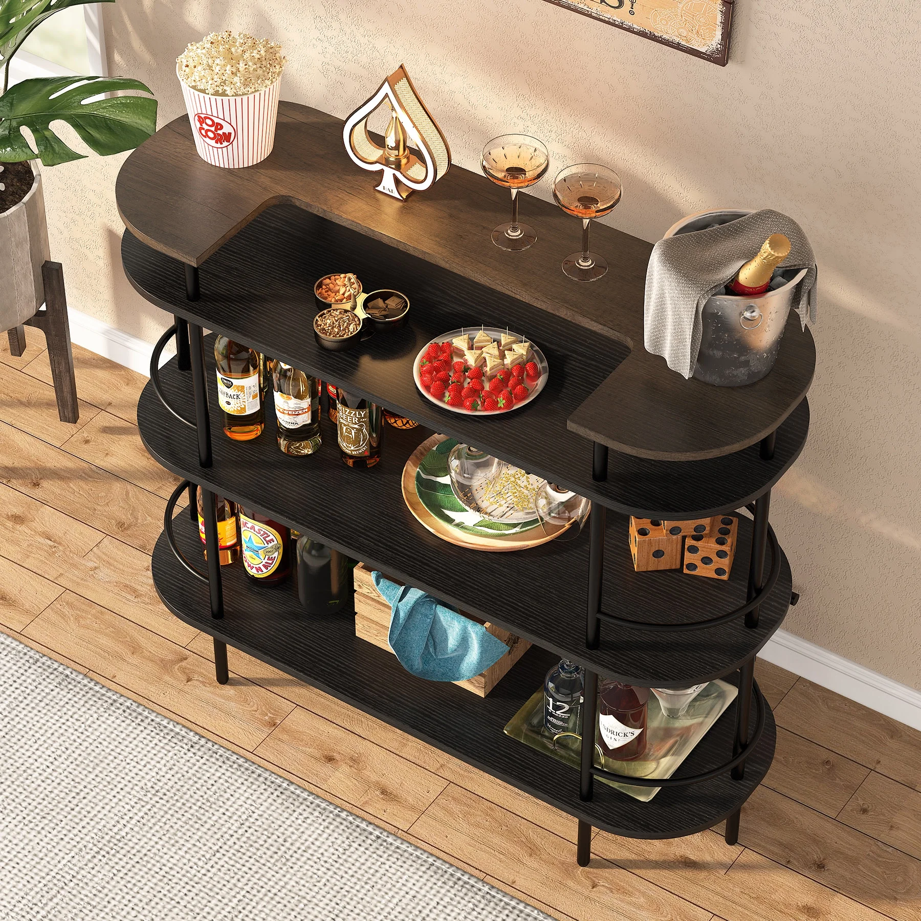 Tribesigns Bar Unit, 4 Tier Bar Table Corner Mini Bar Cabinet with Storage Shelves & Glass Holder for Kitchen/Bar, Black