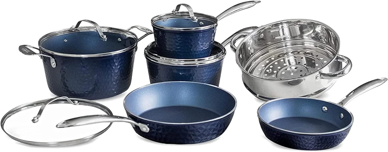 Blue Hammered Collection - Non-Toxic, Non-Stick Ceramic 10 Piece Cookware Set With Glass Lids, Scratch-Resistant, Oven Safe With Upgraded Handles, Safe Pan For All Stovetops