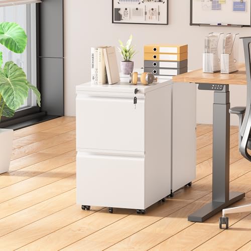 Superday 2 Drawer File Cabinet, Metal Rolling Filing Cabinet with Lock, Small File Cabinet with 2 Drawer, Filing Cabinets for Home Office Fit A4/Letter/Legal, Easy Assembled, White