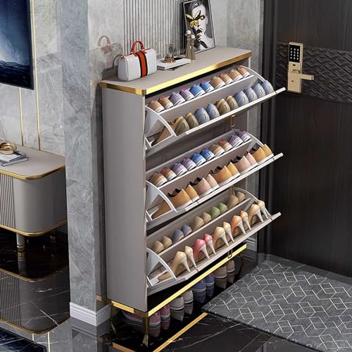 Shoe Storage Cabinet for Entryway Slim Hidden Shoe Cabinets for Hallway 4 Layers with Flip Down Drawers Narrow Shoe Cupboard Unit