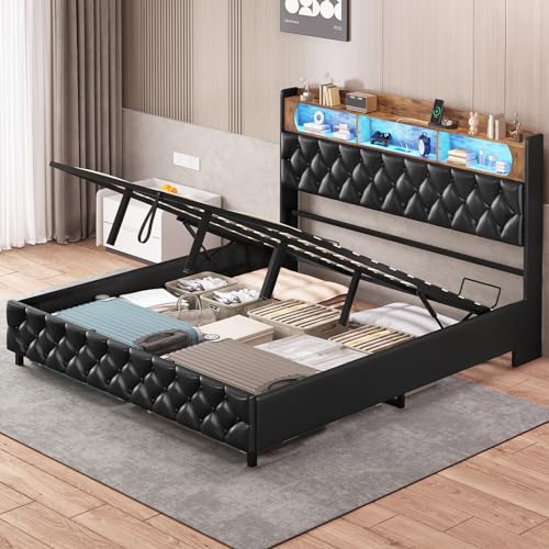 King Size Lift Up Storage Bed Frame, King Platform Bed with Storage & LED LIghts & Charging Station, Upholstered Storage Headboard, No Box Spring Needed, Noise Free, Easy Assembly
