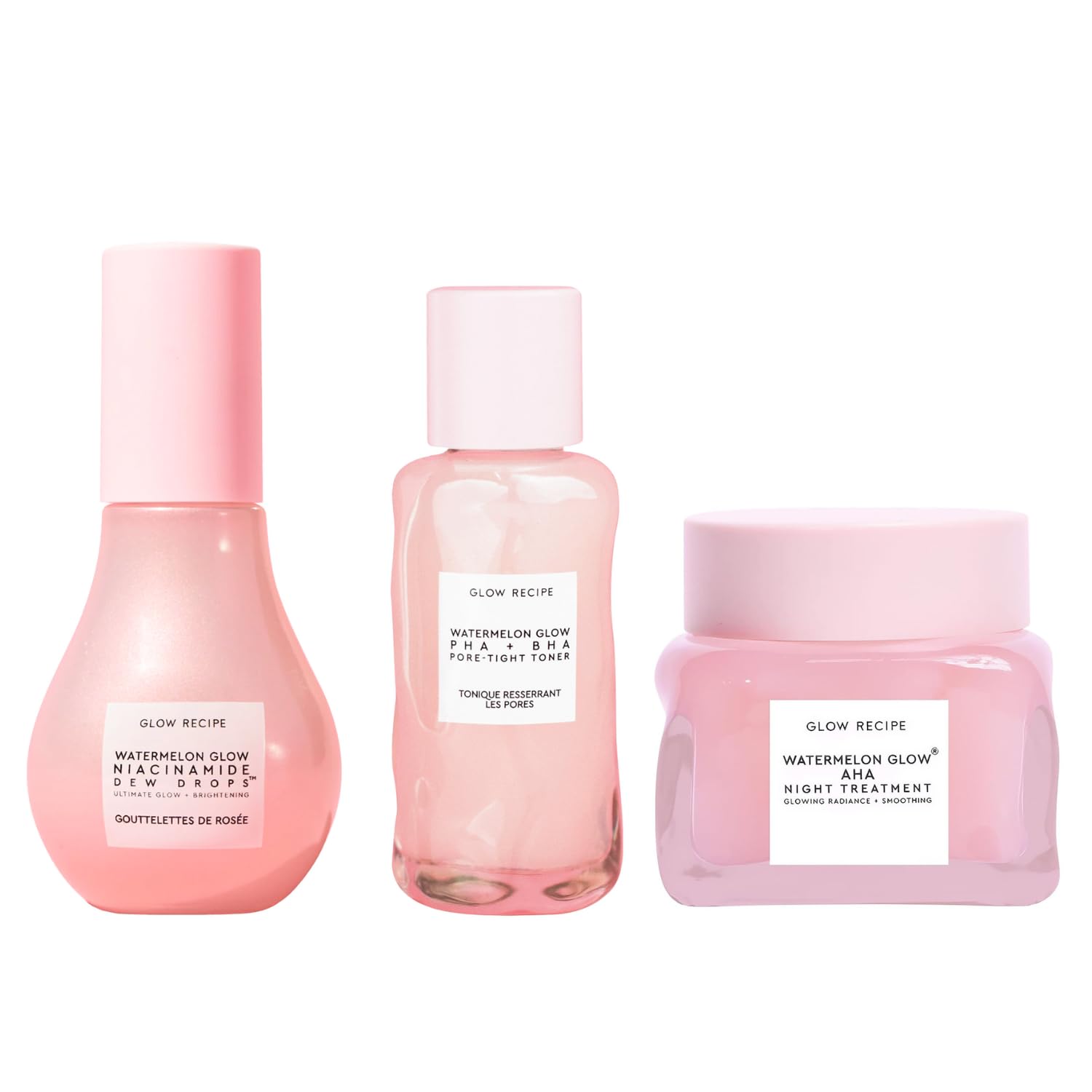 Glow Recipe Dew + Glow Trio - Watermelon PHA + BHA Facial Pore Toner (40 ml) + Niacinamide Dew Drops Brightening Serum (40 ml) + AHA Anti Aging Sleeping Mask Night Treatment for Glowing Skin (60 ml)