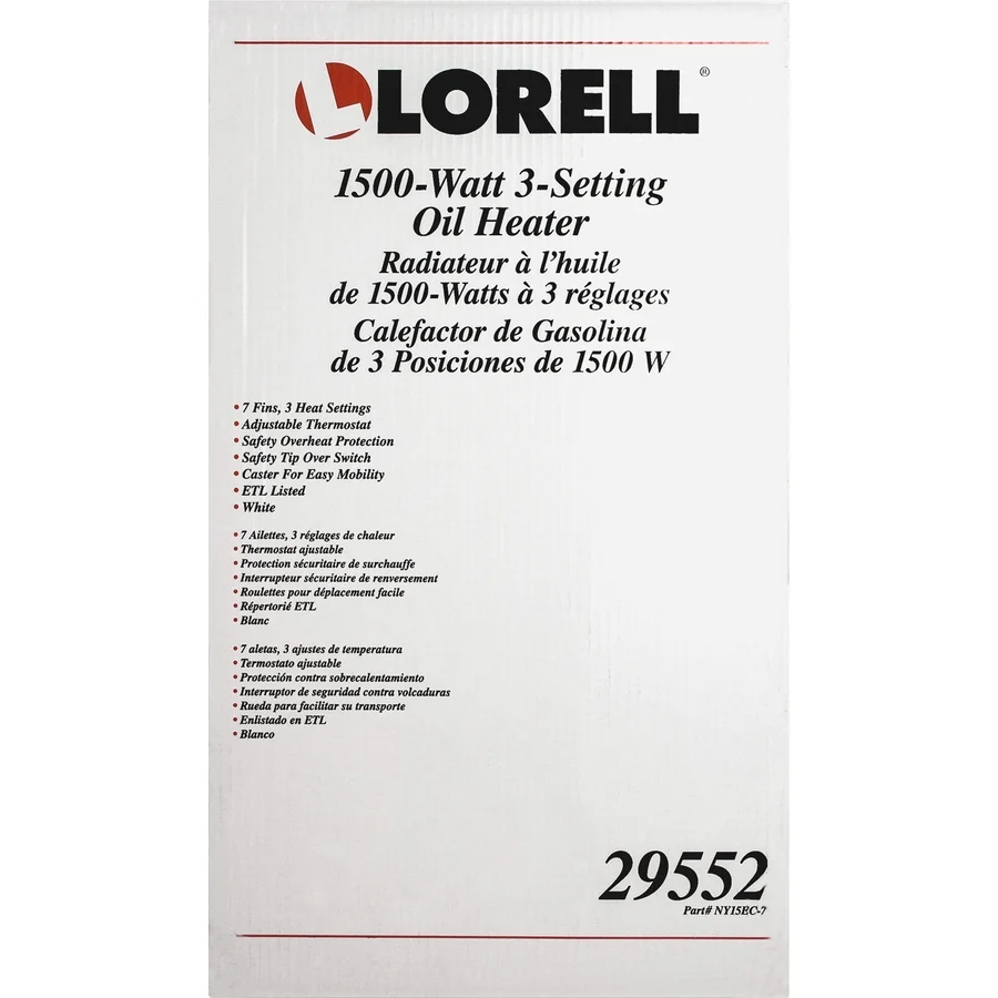 Lorell 1500 Watt 3-setting Oil Filled Heater - Oil Filled - Electric - 1500 W - 3 X Heat Settings - White