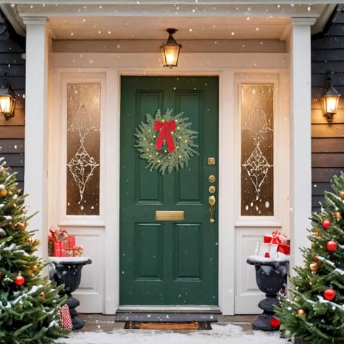 Christmas Wreath with Lights, 26 in Norfolk Pine Wreath for Front Door, Large Greenery Wreath with Red Bow, Bell, Real Touch Artificial Wreaths for Indoor Outdoor Holiday Decor, FF11