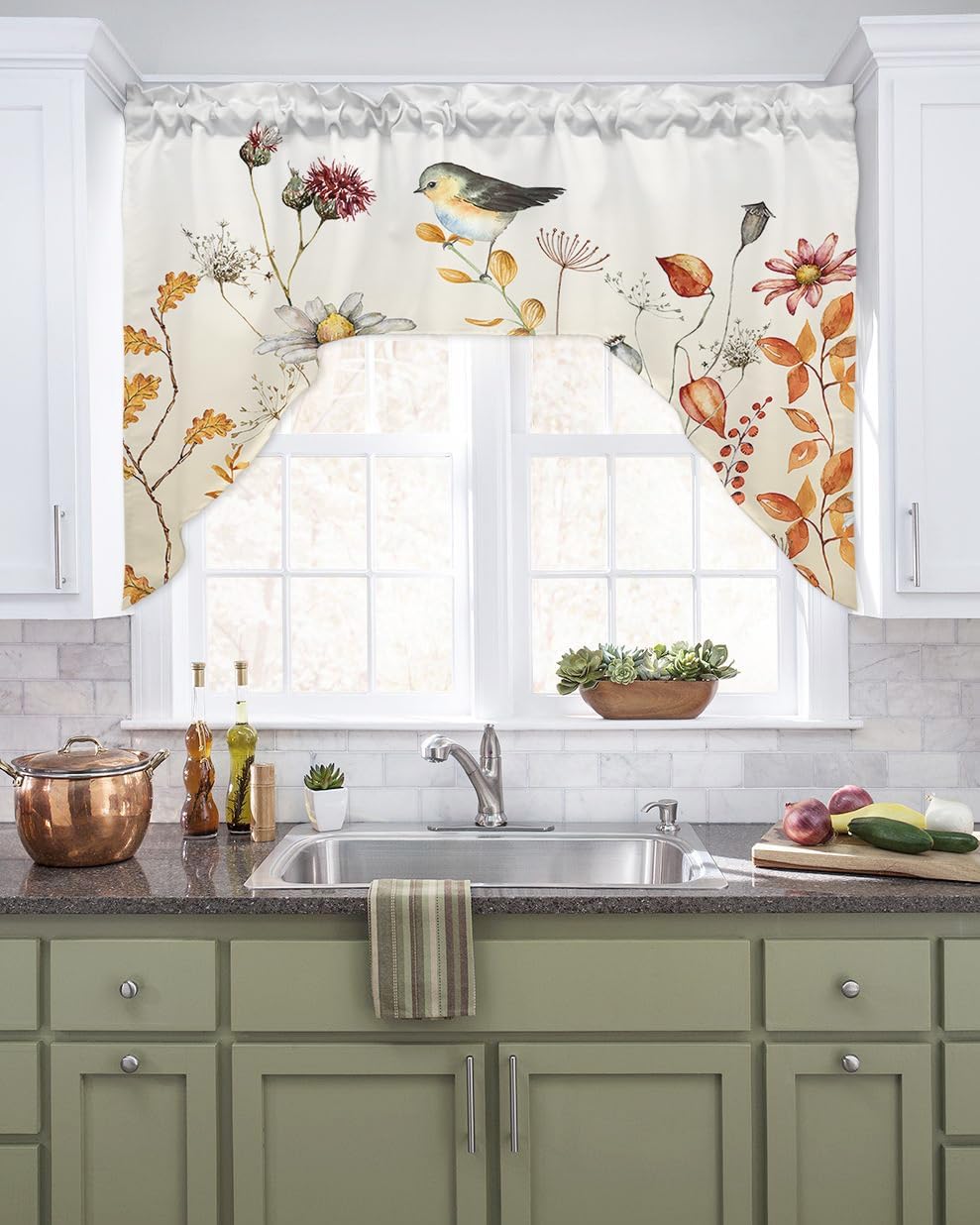 Fall Flower Bird Swag Valance Kitchen Curtains, Rod Pocket Valance Curtain Panels for Bedroom Living Room Bathroom Cafe Windows, Farmhouse French Country Eucalyptus Leaves 56''x36''