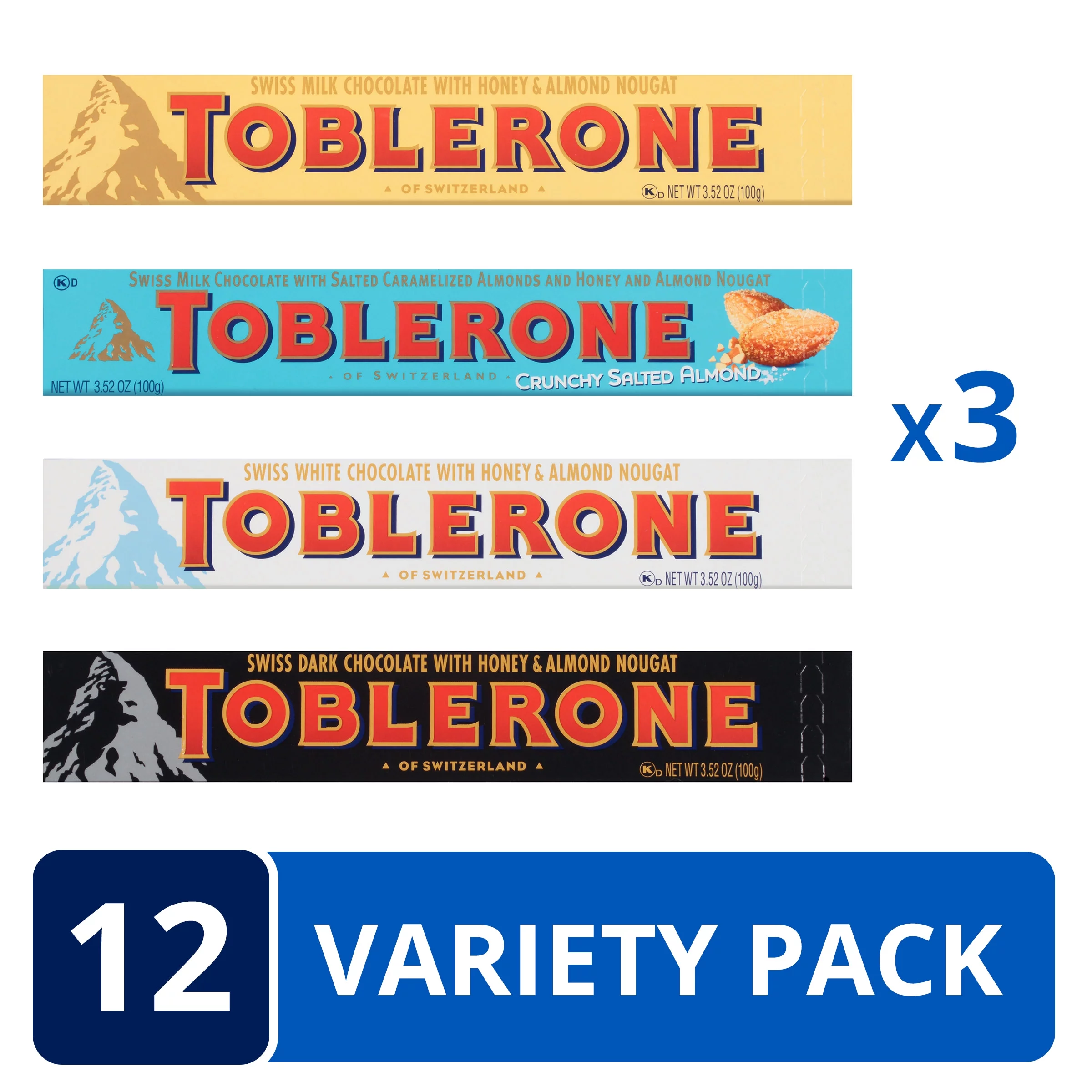 Toblerone Swiss Chocolate Variety Pack, Milk Chocolate, Dark Chocolate, White Chocolate & Crunchy Salted Caramelized Almond, 12 - 3.52 oz Bars