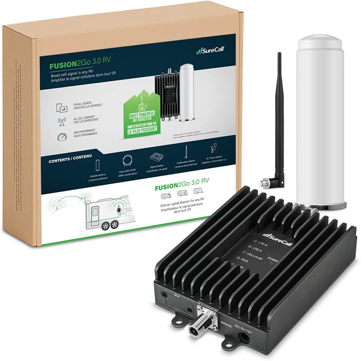 SureCall Fusion2Go 3.0 RV Cell Signal Booster for Motorhome, 5G/4G LTE, Large Vehicles, Permanent Omni Antenna, Multi-User All Carrier Boosts Verizon AT&T Sprint T-Mobile, FCC Approved, USA Company