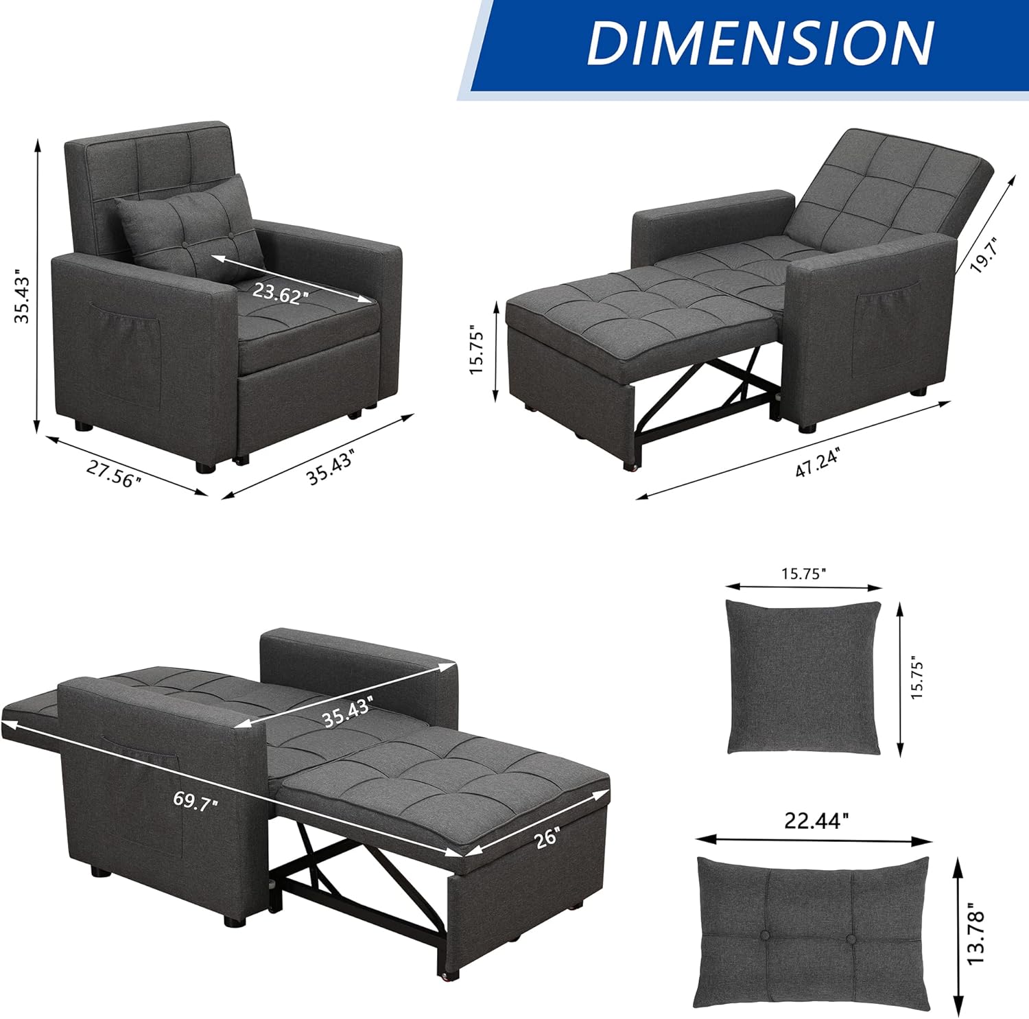 Convertible Chair Bed 3-in-1,Folding Sleeper Chair Bed, Multi-Functional Adjustable Recliner for Apartment, Living Room, Sofa, Bed, Single Bed Chair with Pillow Dark Grey