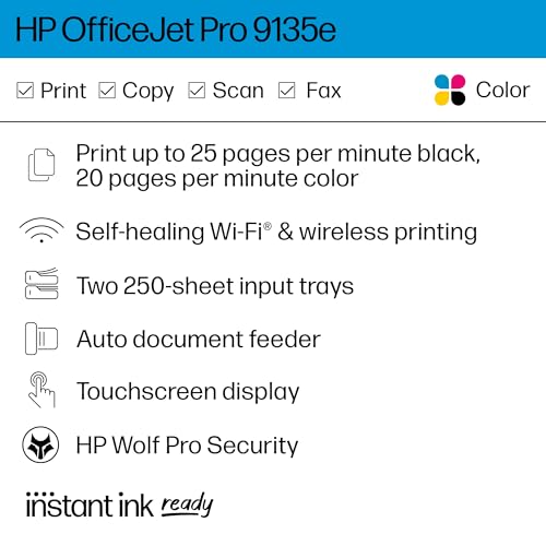 HP OfficeJet Pro 9135e All-in-One Printer, Color, Printer-for-Small Medium Business, Print, Copy, scan, fax, wireless. 3 month Instant Ink trial included ; Two-Sided Printing; Two-Side