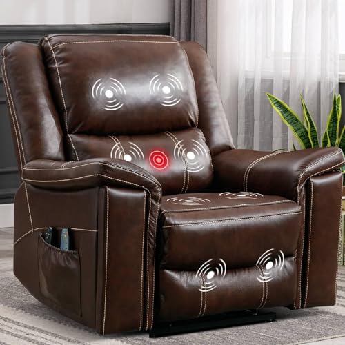 CANMOV Large Genuine Leather Power Lift Recliner Chair for Elderly, Lay Flat Dual Motor Recliner with Massage and Heated, Electric Lift Chair for Seniors with Cup Holders, Side Pocket, Dark Brown