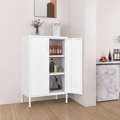 GREATMEET Metal Storage Cabinet Freestanding, Metal Locker Storage Cabinets with 2 Doors, Tall Accent Cabinet with 2 Adjustable Shelves, Metal Cabinet for Kitchen, Office, Livingroom, White