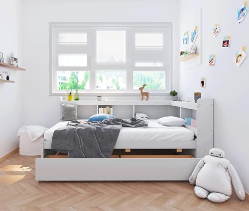 DEINPPA Twin Size Bookcase Bed, L Shape Captain Bed Frame with Storage Drawers, Wooden Platform Bed with Bookcase Headboard, Hug Bed Frame for Kids Teens Boys Girls-White